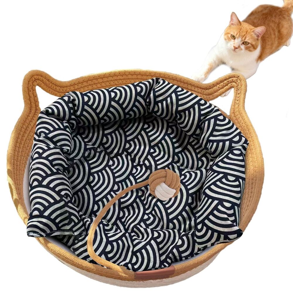 FHKPET Cotton Rope Cat Basket with Cushion - Large, Brown/Beige